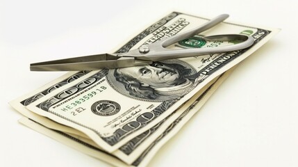 Dollars are cutting with scissors on a white background.  - obrazy, fototapety, plakaty
