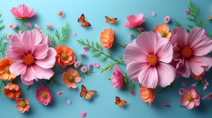 a group of pink and orange flowers on a blue background with a butterfly flying over the top of the flowers.