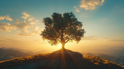 A solitary tree on a hilltop, silhouetted against the vibrant contrast of yellow sunlight and the deep blue of the early morning sky, symbolizing strength and solitude in nature. 8k - obrazy, fototapety, plakaty