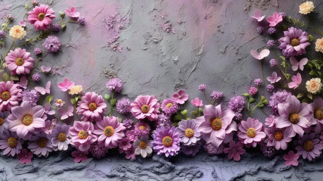 a close up of a bunch of flowers on a wall with paint peeling off the side of the wall and a bunch of flowers on the side of the wall.