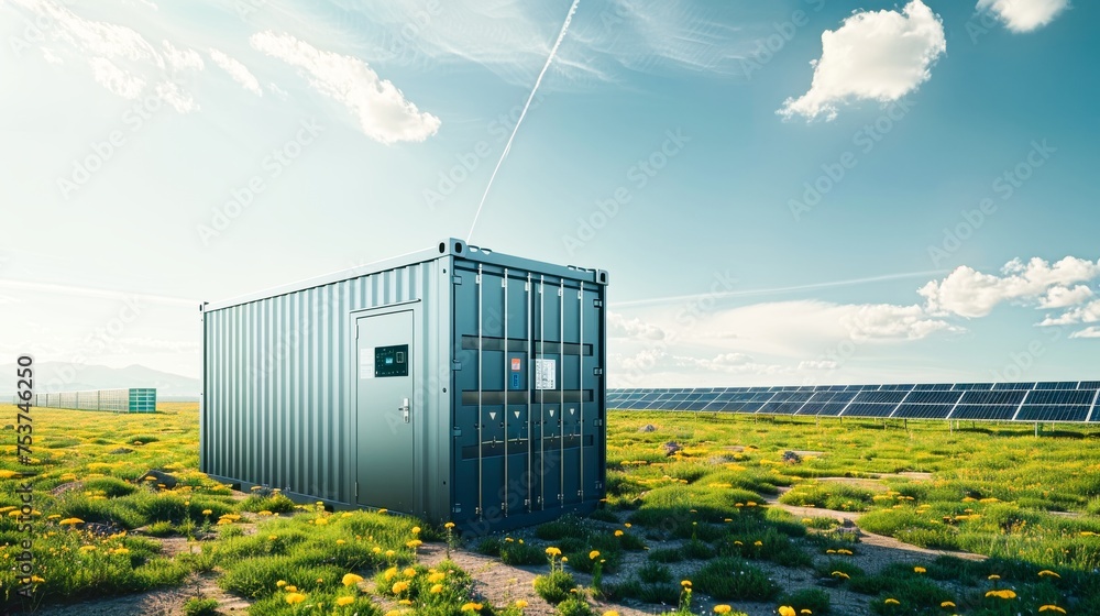 Aufkleber battery storage container next to a bank of ground based solar panels in a green field. generative a