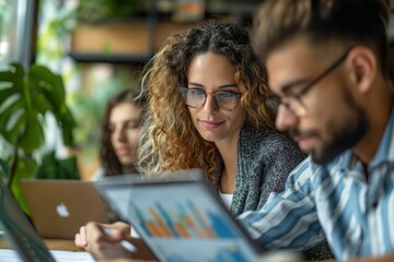 A young smart businesswoman shows data analysis to a diverse couple seated with laptops at a table.