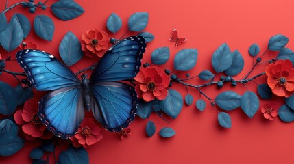 a blue butterfly sitting on top of a red flower next to a branch with red and blue flowers on it.