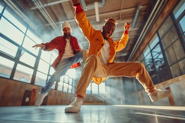 A young, happy couple performs breakdancing and footwork steps in a colorful, lively room. - obrazy, fototapety, plakaty
