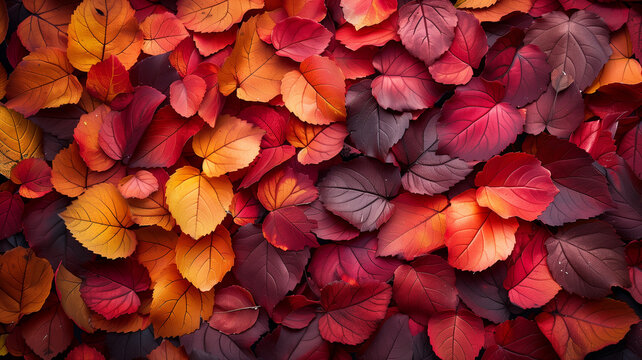 A close up of autumn leaves with a mix of red, orange, and black colors