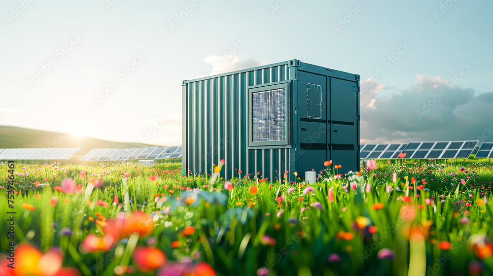 Poster battery storage container next to a bank of ground based solar panels in a green field. generative a