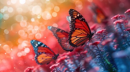 a group of orange and blue butterflies flying over a bunch of red and purple flowers with blurry lights in the background.