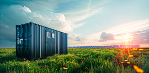 Battery storage container next to a bank of ground based solar panels in a green field. Generative AI.