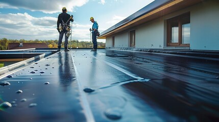 A team of construction workers in safety harnesses applying a black sealant coating to the flat roof of a suburban home. Generative AI.