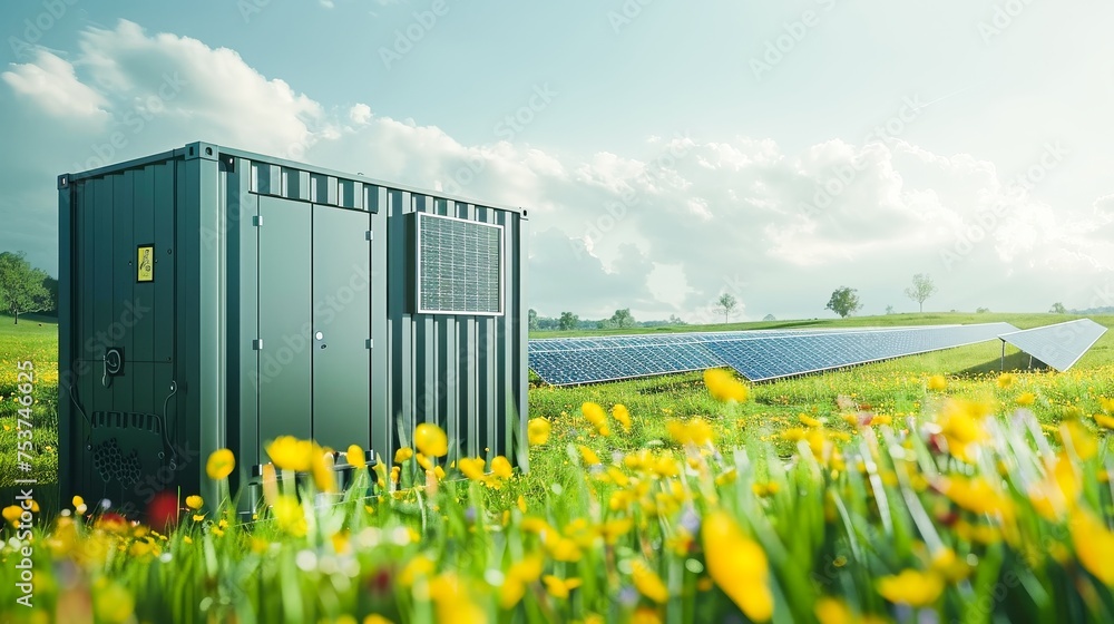 Poster Battery storage container next to a bank of ground based solar panels in a green field. Generative AI.