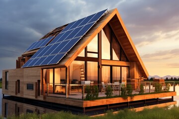 Obraz premium Wooden house with installed solar panels