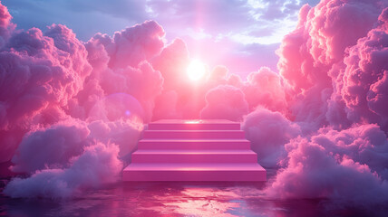 Pink clouds in the sky with pink trees and pink steps