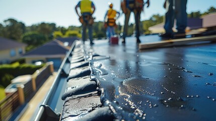 A team of construction workers in safety harnesses applying a black sealant coating to the flat roof of a suburban home. Generative AI. - obrazy, fototapety, plakaty