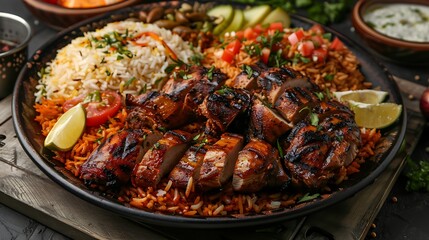 Arabian kabsa platter with spiced rice and grilled chicken