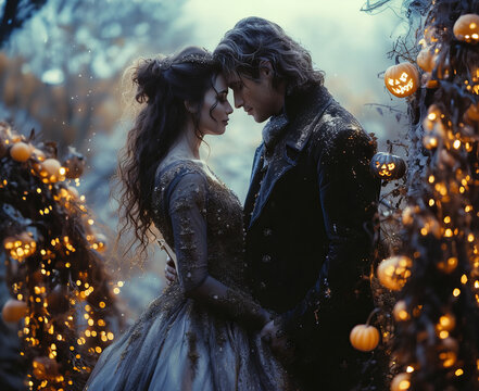 Lovers in lush historical costumes against the backdrop of a winter forest.
Concept: fairy tales, holiday events, covers for romantic books and invitations to a masquerade ball