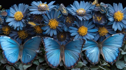 a group of blue butterflies sitting on top of a bunch of blue flowers on top of a bed of green leaves.