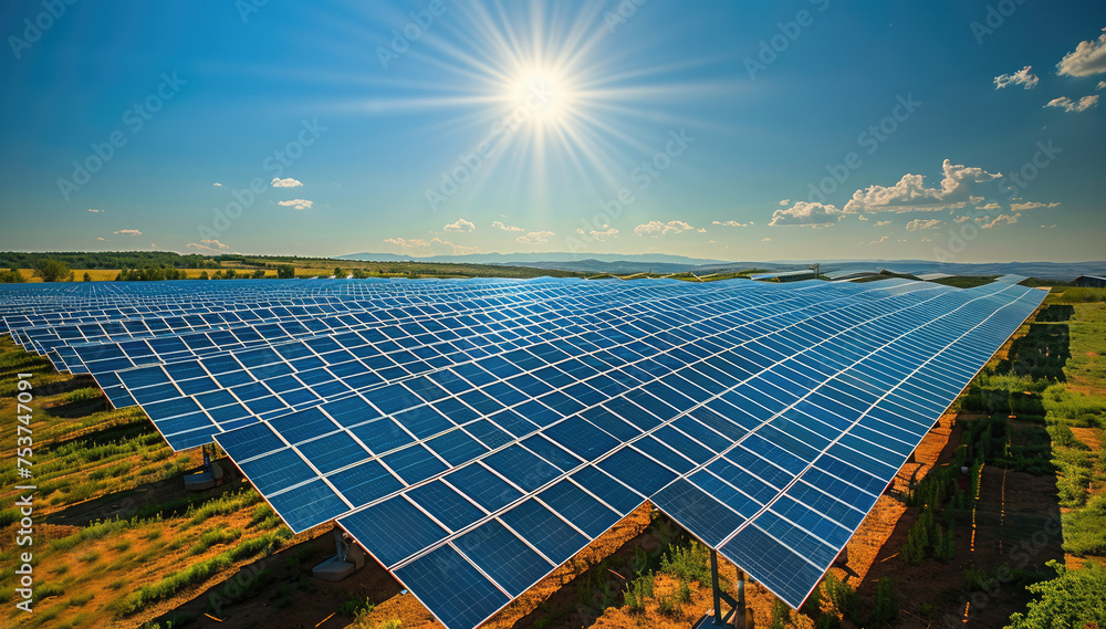 Poster drone view of solar panels. generative ai.