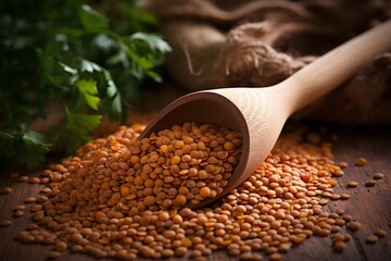 wooden ladle of raw lentils on table