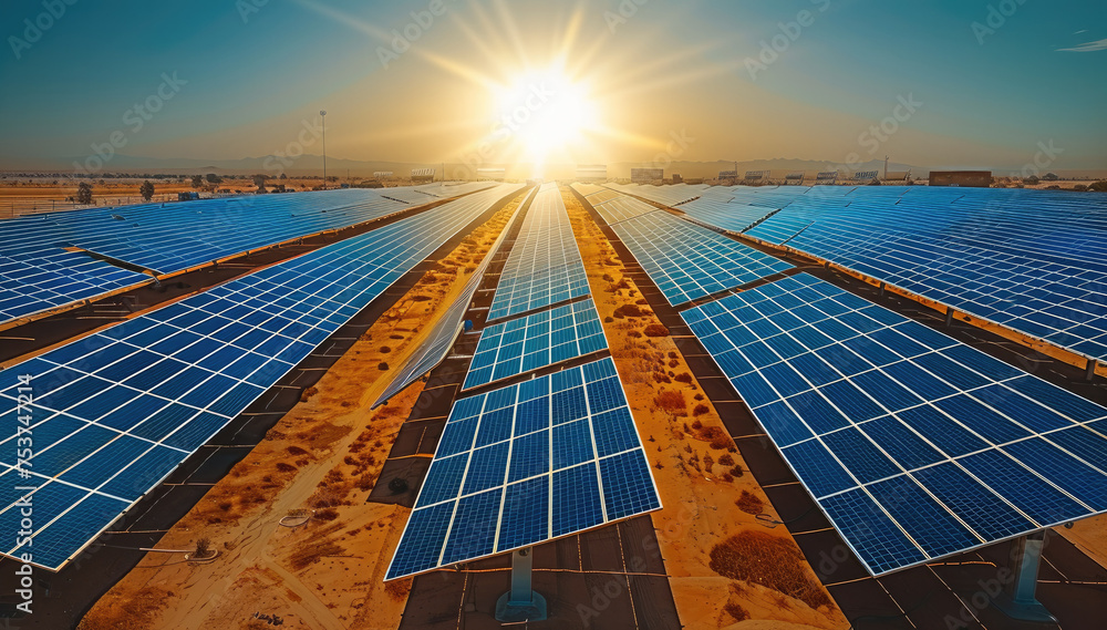 Poster drone view of solar panels. generative ai.