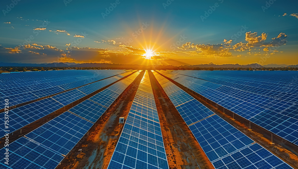 Poster drone view of solar panels. generative ai.