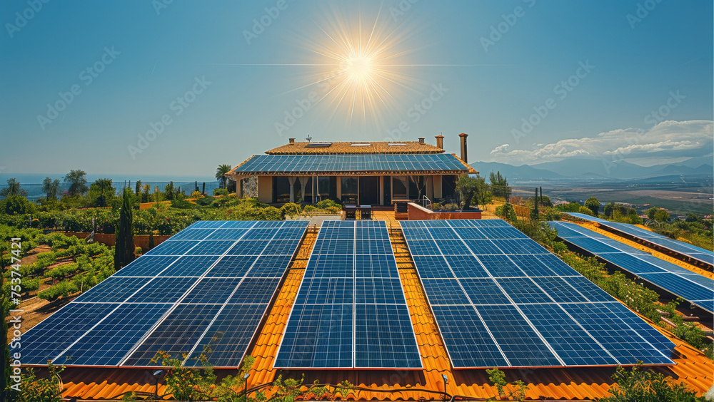 Poster drone view of solar panels. generative ai.