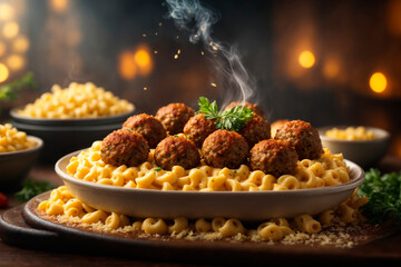 Meatballs with mac and cheese, food photography, realistic render  smoke,  dramatic lighting and cinematic lighting.