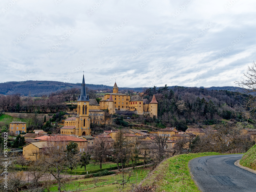 Wall mural View of Jarnioux medieval village, church and castle, Beaujolais, France