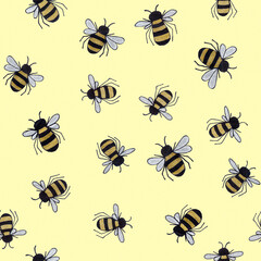 Cute cartoon line art seamless pattern with golden lined hand drawn honey bees with silver wings on yellow background.Print wrapper,cards,invitations
