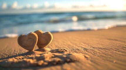 Hearts in the sand on the beach with blurred background