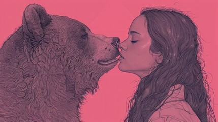 Obraz premium a drawing of a woman kissing a bear with a star on the back of the bear's head on a pink background.