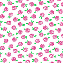 Simple chalk pastel painted flowers summer spring seamless pattern.Many magenta roses and green...