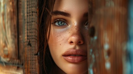 Portrait of pretty young woman model with big nice eye with sensual face expression and with wood door covering half of her face. 