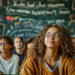 The student looks thoughtfully to the side; in the background there is a green board with equations and many students at their desks, their faces are wrinkled.