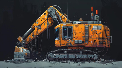 A cartoon-like cartoon drawing of a concrete pump. The lines of that drawing are thick. The concrete pump looks drunk. on black background,generative ai