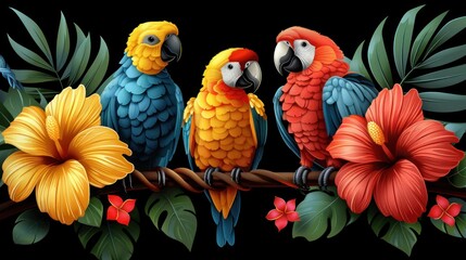 three colorful parrots sitting on a branch with tropical leaves and flowers on a black background with red and yellow flowers.