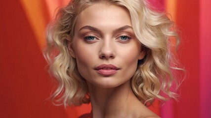 Naklejka premium beautiful smirking blonde woman with healthy skin looks at the camera. natural makeup of a young beautiful model on a studio background. cosmetic concept.