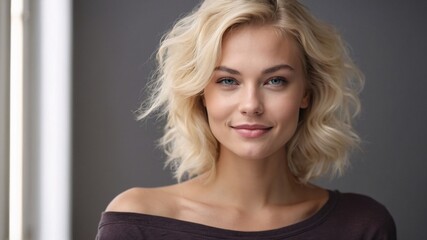 Fototapeta premium beautiful smirking blonde woman with healthy skin looks at the camera. natural makeup of a young beautiful model on a studio background. cosmetic concept.
