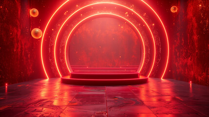 A red and orange room with a stage and a podium