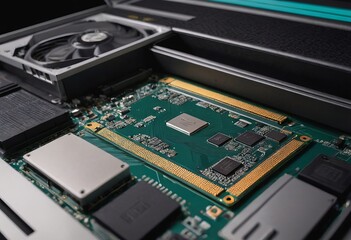 Modern CPU processor installed on a brand new motherboard, object detail, extreme closeup, nobody.