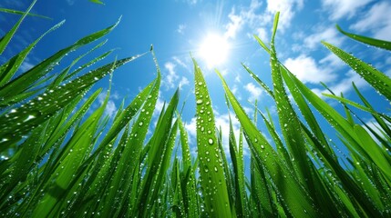 the sun shines brightly in the blue sky above a green field of grass with drops of water on it.