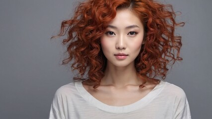 beautiful smirking curly redhead young japanese woman with healthy skin looks at the camera. Natural makeup of a young beautiful model on a studio background. cosmetic concept.
