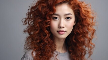 beautiful smirking curly redhead young japanese woman with healthy skin looks at the camera. Natural makeup of a young beautiful model on a studio background. cosmetic concept.