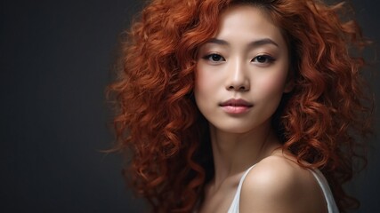 Fototapeta premium beautiful smirking curly redhead young japanese woman with healthy skin looks at the camera. Natural makeup of a young beautiful model on a studio background. cosmetic concept.