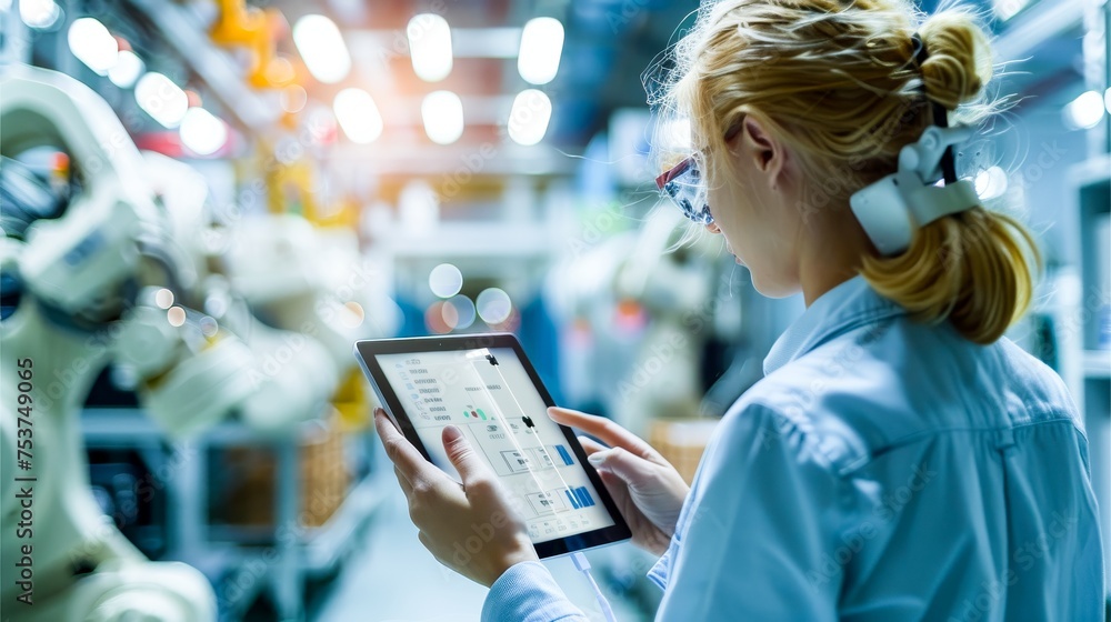 Aufkleber Concept for smart industry control. The hand is holding a tablet in front of a blurred automation machine. Generative AI.