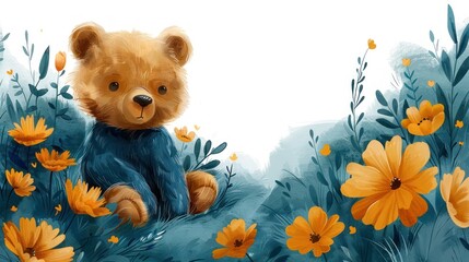 a painting of a brown teddy bear sitting in a field of yellow flowers with a white back ground in the background. - obrazy, fototapety, plakaty
