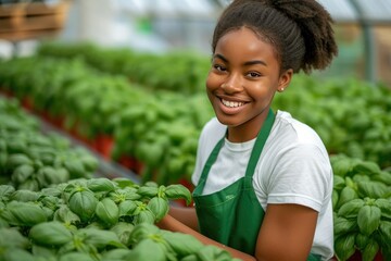 young african american woman working in a greenhouse or indoor vertical farm with a hydroponic system takes care of green lettuce plants
