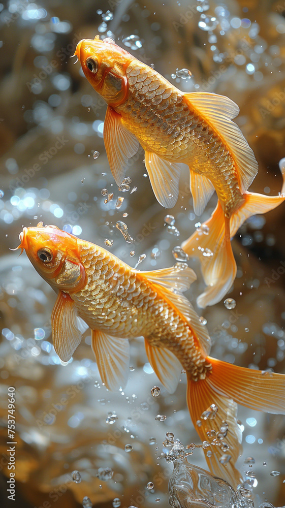 Wall mural Two golden fish on the sparkling light golden water,generative ai