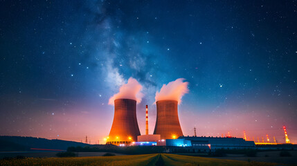 Nuclear power plant with milky way galaxy background
