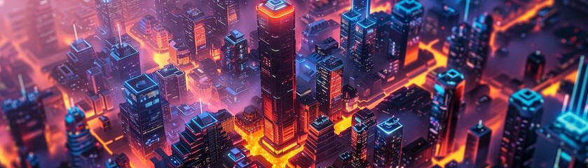Futuristic cityscape with isometric buildings, advanced tech, and cyberpunk vibes.