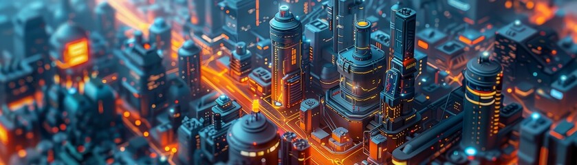 Isometric buildings set in a futuristic city, showcasing advanced technology and cyberpunk aesthetics.